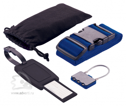 Набор для путешествий: бирка, кодовый замок, фиксирующий ремень для багажа в чехле , черный/синий