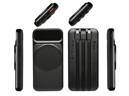 Магнитный беспроводной внешний аккумулятор со встроенными кабелями Мэни, 10000 мАч, черный