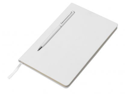 Блокнот А5 Magnet soft-touch с магнитным держателем для ручки, белый, пример использования