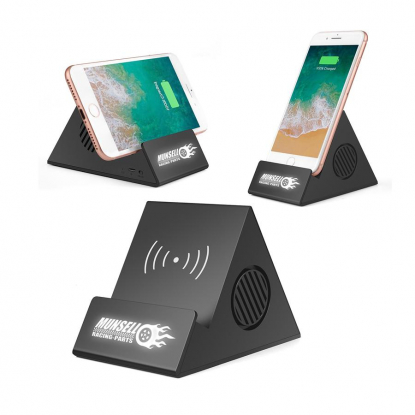 Bluetooth колонка-подставка 3Вт с беспроводным зарядным устройством и подсветкой логотипа, примеры использования