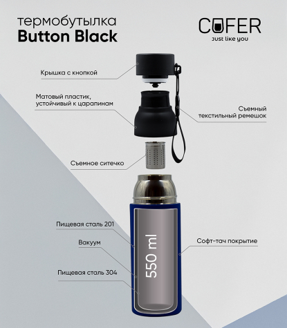 Термобутылка Button Black, черная с синим