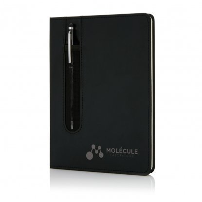 Блокнот для записей Deluxe формата A5 и ручка-стилус, черный, пример нанесения