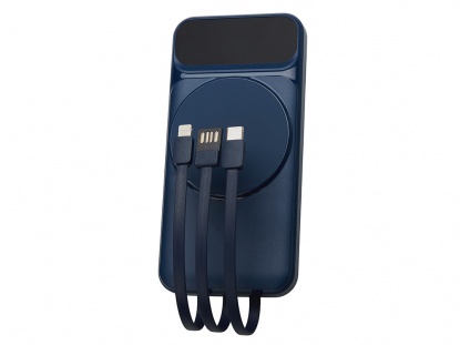 Магнитный беспроводной внешний аккумулятор со встроенными кабелями Мэни, 10000 мАч, темно-синий