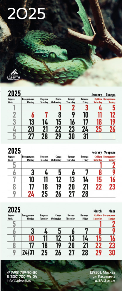 Календарь квартальный на 3 пружинах, символ 2025 года