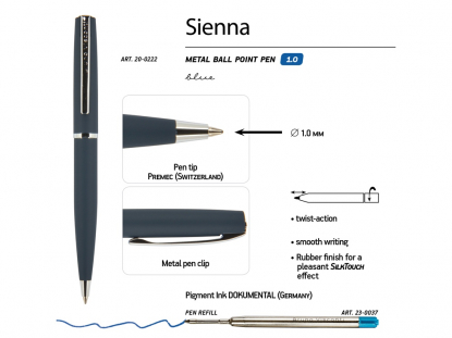 Ручка металлическая шариковая Sienna, софт-тач, синяя