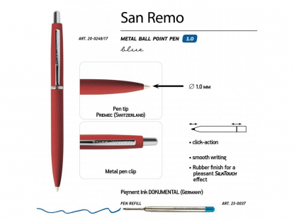 Ручка металлическая шариковая San Remo, софт тач, красная