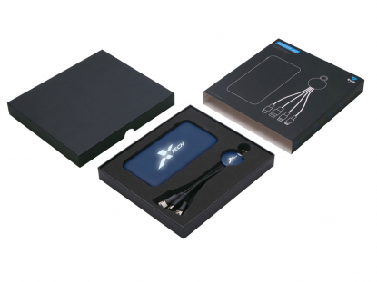 Набор из внешнего аккумулятора и универсального кабеля с подсветкой лого Reserve LED, 10000mAh, темно-синий