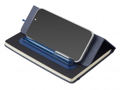 Блокнот А5 NotaBene с металлической шариковой ручкой и подставкой для телефона, темно-синий
