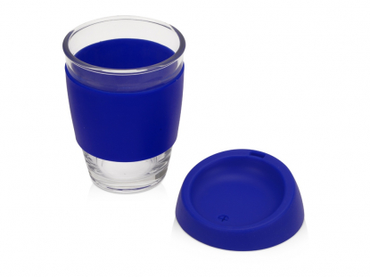 Стеклянный стакан с силиконовой крышкой и манжетой Monday, синий, открытый