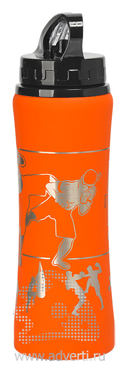 Бутылка спортивная Санторини с прорезиненным покрытием, оранжевая с примером нанесения