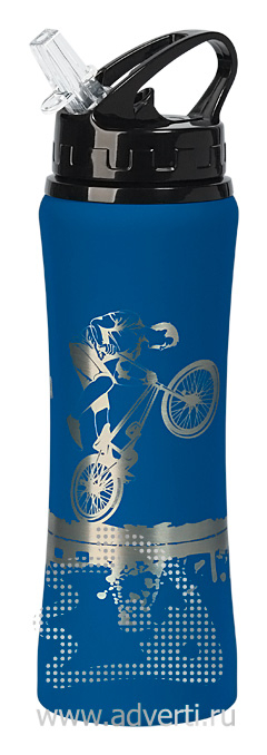 Бутылка спортивная Санторини с прорезиненным покрытием, синяя с примером нанесения