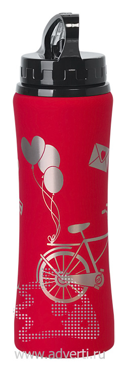 Бутылка спортивная Санторини с прорезиненным покрытием, красная с примером нанесения