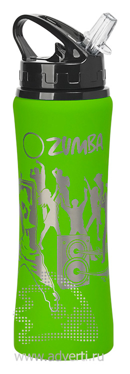 Бутылка спортивная Санторини с прорезиненным покрытием, зеленая с примером нанесения