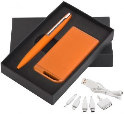 Набор ручка c флеш-картой + зарядное устройство 4000 mAh в футляре, оранжевый