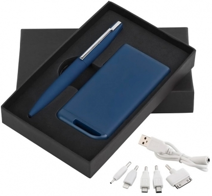 Набор ручка c флеш-картой + зарядное устройство 4000 mAh в футляре, темно-синий