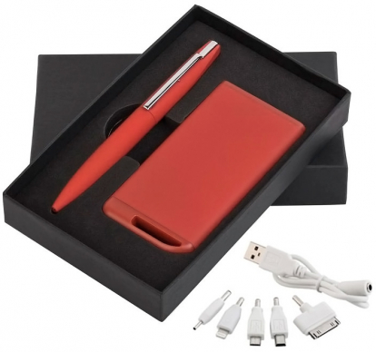 Набор ручка c флеш-картой + зарядное устройство 4000 mAh в футляре, красный