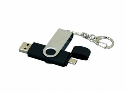 Флешка поворотный механизм c дополнительным разъемом Micro USB , черная, два разъема открыты