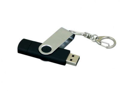 Флешка поворотный механизм c дополнительным разъемом Micro USB , черная, один разъем открыт
