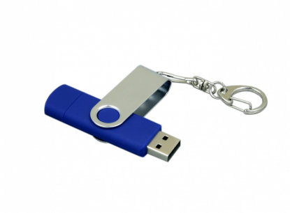Флешка поворотный механизм c дополнительным разъемом Micro USB, синяя, один разъем открыт 