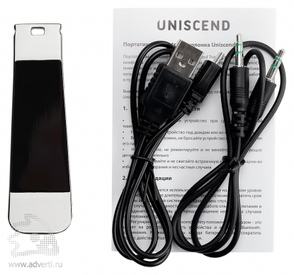 Беспроводная стереофоническая колонка Uniscend Trinity, зарядный кабель (Micro USB), кабель для AUX-входа (Jack 3,5 – Jack 3,5), задний металлический упор