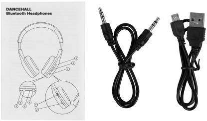 Беспроводные наушники Dancehall, кабели Micro USB и AUX (Jack 3,5 мм для прямого подключения) в комплекте.
