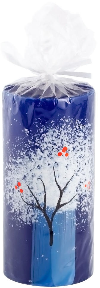 Свеча ручной работы Снегири на ветке, в форме цилиндра, общий вид