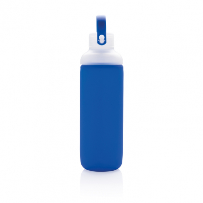 Стеклянная бутылка в силиконовом чехле, синяя, вид сбоку