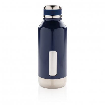 Герметичная вакуумная бутылка с шильдиком, синяя, вид спереди