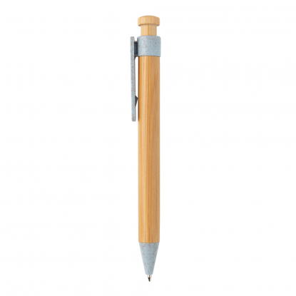 Бамбуковая ручка с клипом из пшеничной соломы, голубая, вид сбоку