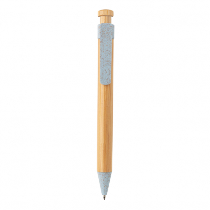 Бамбуковая ручка с клипом из пшеничной соломы, голубая, вид спереди