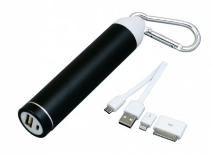 Универсальное зарядное устройство power bank круглой формы с карабином, черное, с проводом