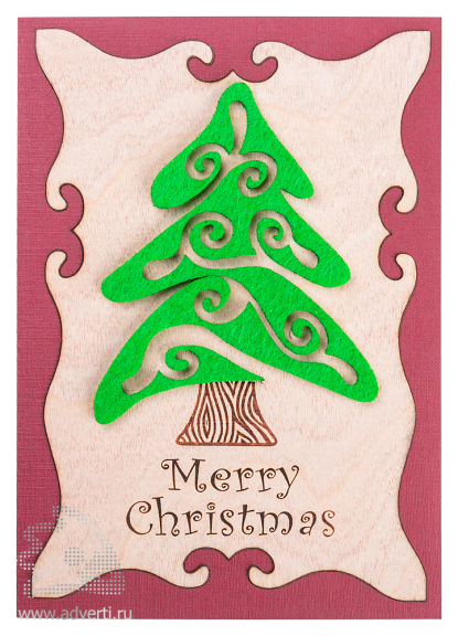 Открытка Веселого Рождества из дерева и картона, в анфас