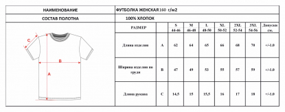 Размерная таблица футболки женской New Gen 155