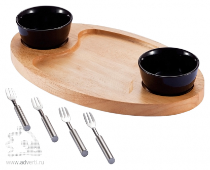 Набор Tapas: деревянная доска, 2 черные керамические чаши и 4 вилки из нержавеющей стали